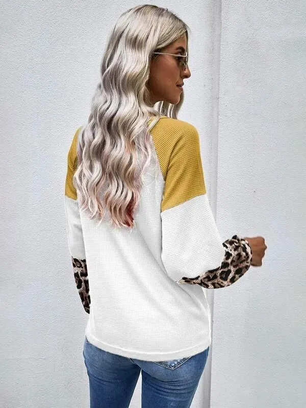 Casual Women Leopard Knitting Long Sleeves T Shirts