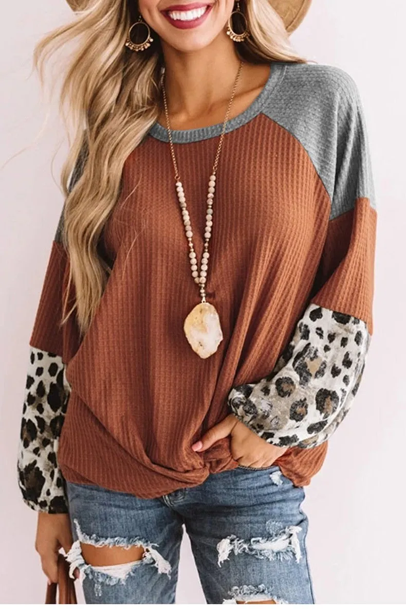 Casual Women Leopard Knitting Long Sleeves T Shirts