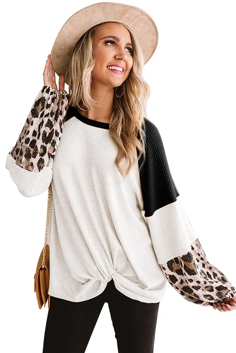 Casual Women Leopard Knitting Long Sleeves T Shirts