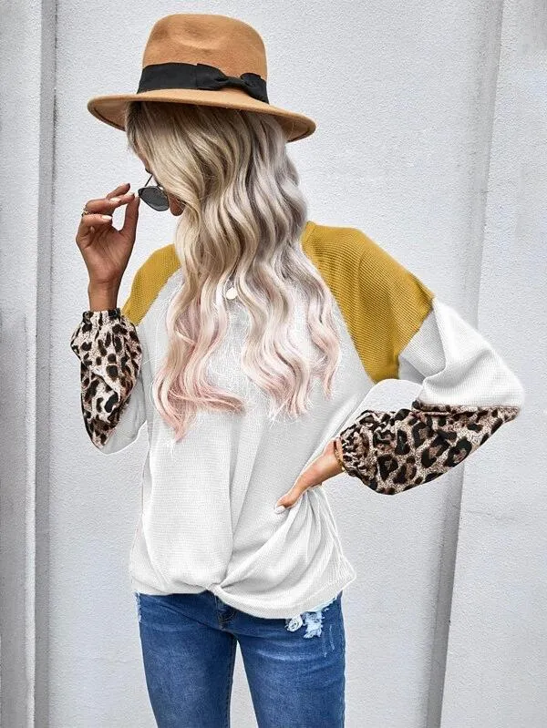 Casual Women Leopard Knitting Long Sleeves T Shirts