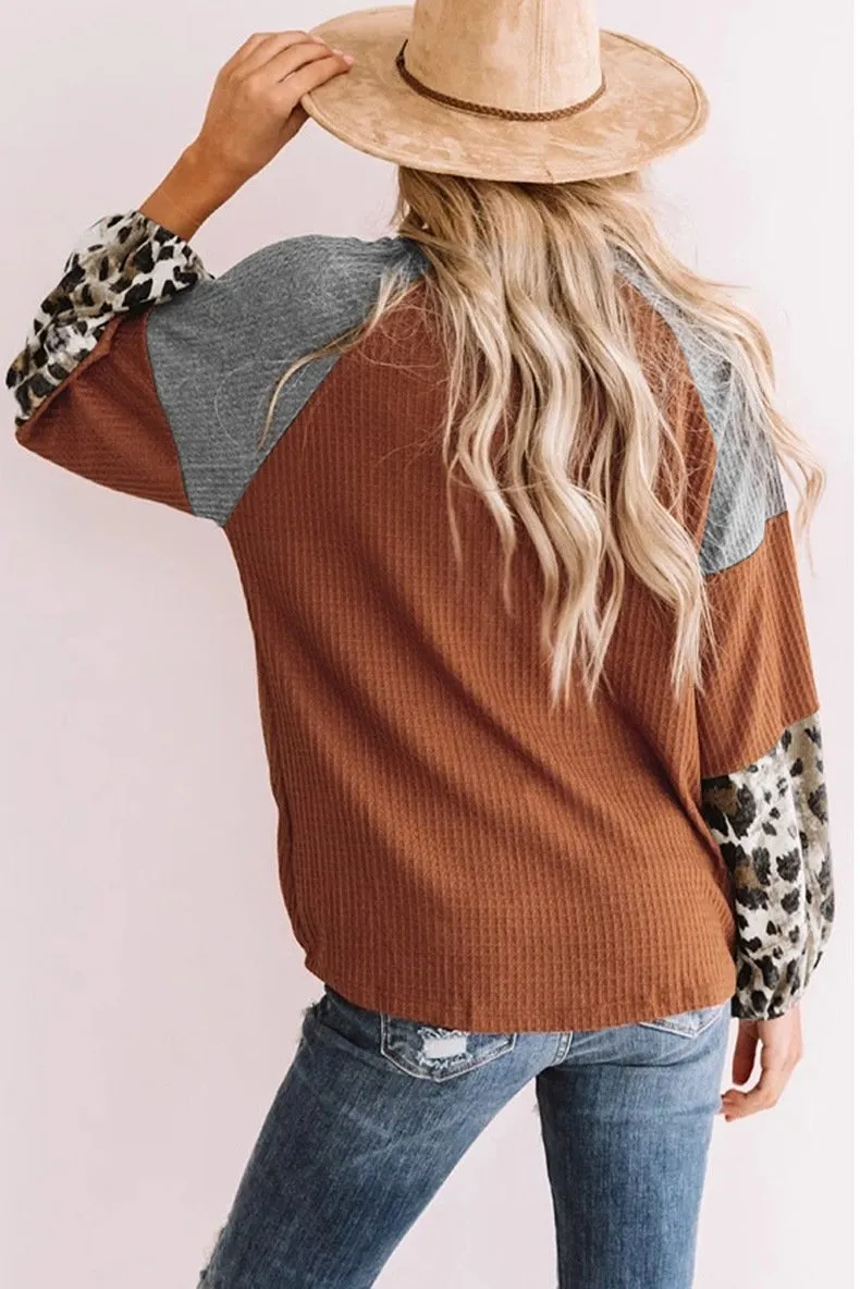 Casual Women Leopard Knitting Long Sleeves T Shirts