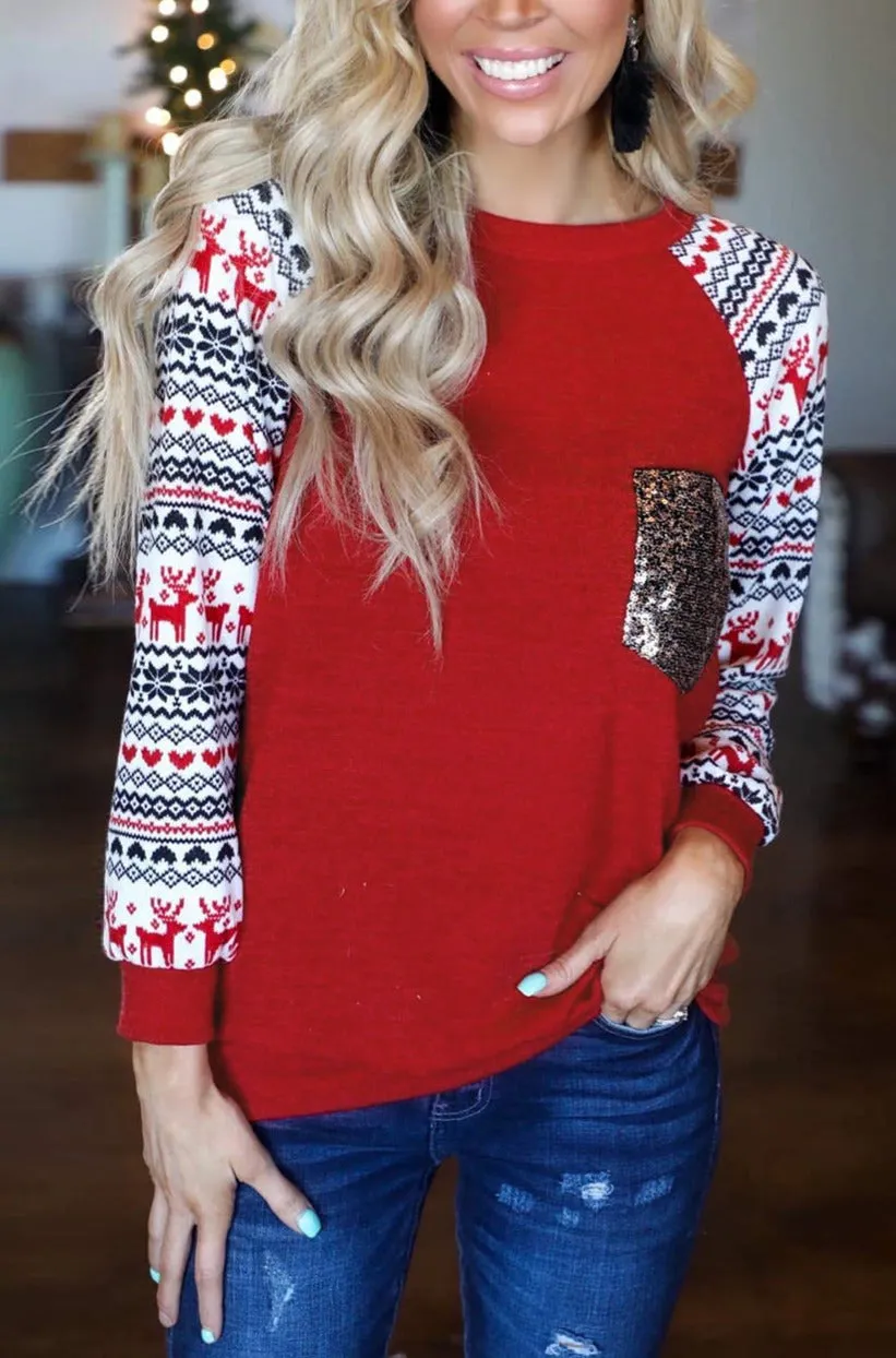 Christmas T-Shirt Pullover Long Sleeve Sequin Pocket RaglanTop