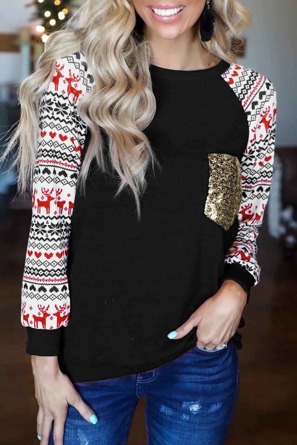 Christmas T-Shirt Pullover Long Sleeve Sequin Pocket RaglanTop