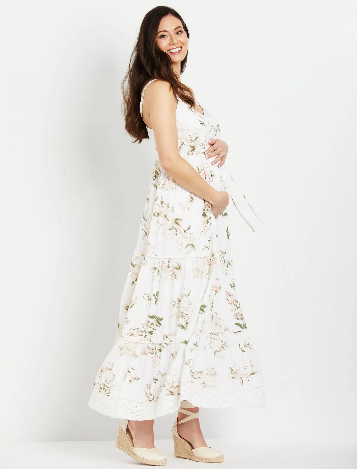 Crochet Detail Maternity Dress in White Floral