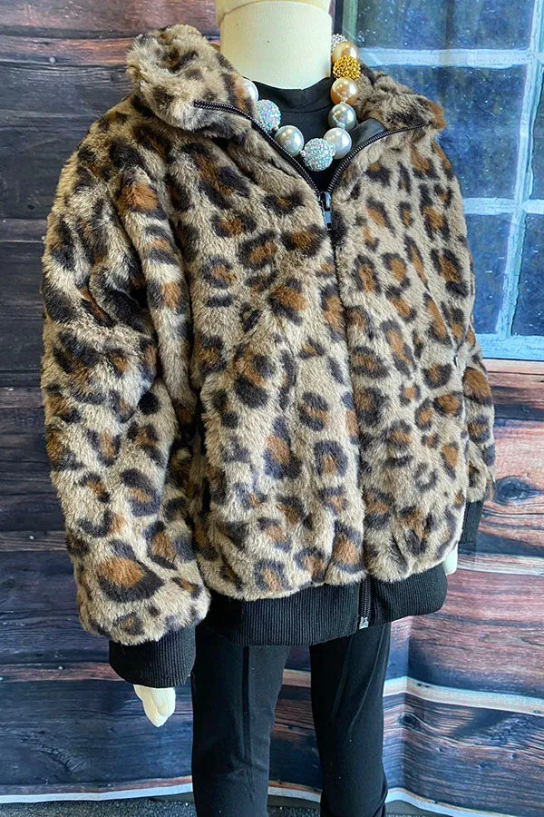 DLH2643 Kids Leopard Print Fleece Zipper Girls Jacket/Coat w pocket