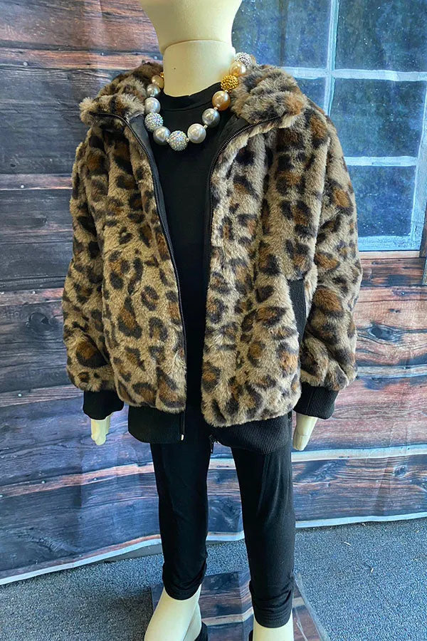 DLH2643 Kids Leopard Print Fleece Zipper Girls Jacket/Coat w pocket