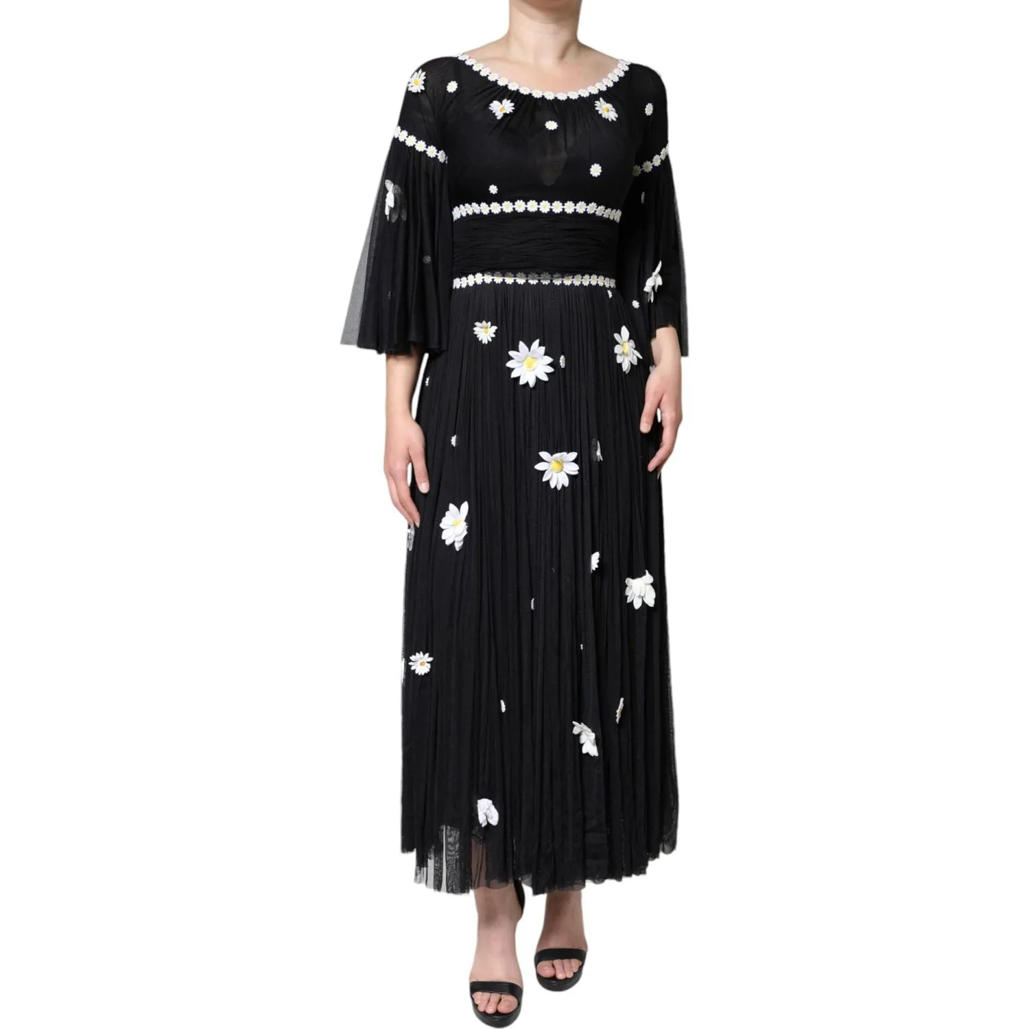 Dolce & Gabbana Black Silk Daisy A-line Long Maxi Dress