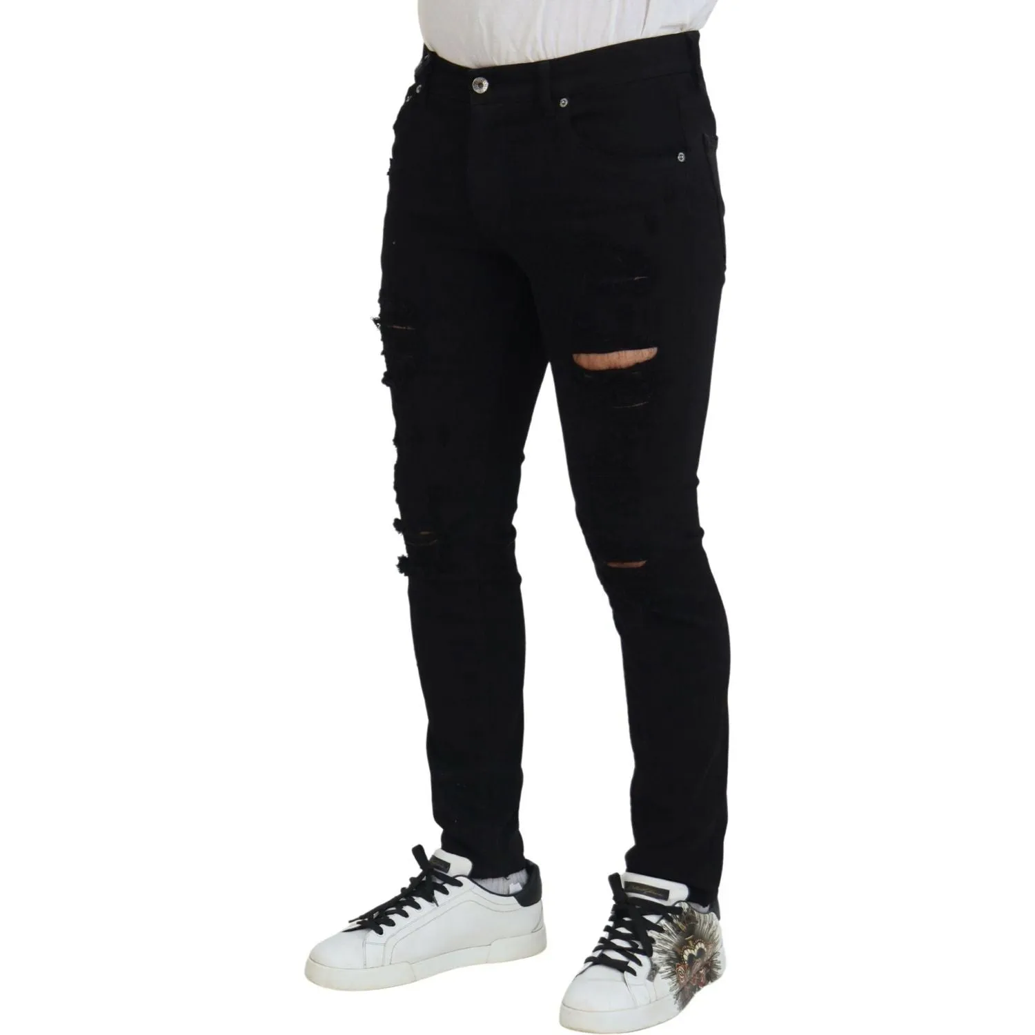 Dolce & Gabbana Svelte Black Tattered Slim Fit Denim