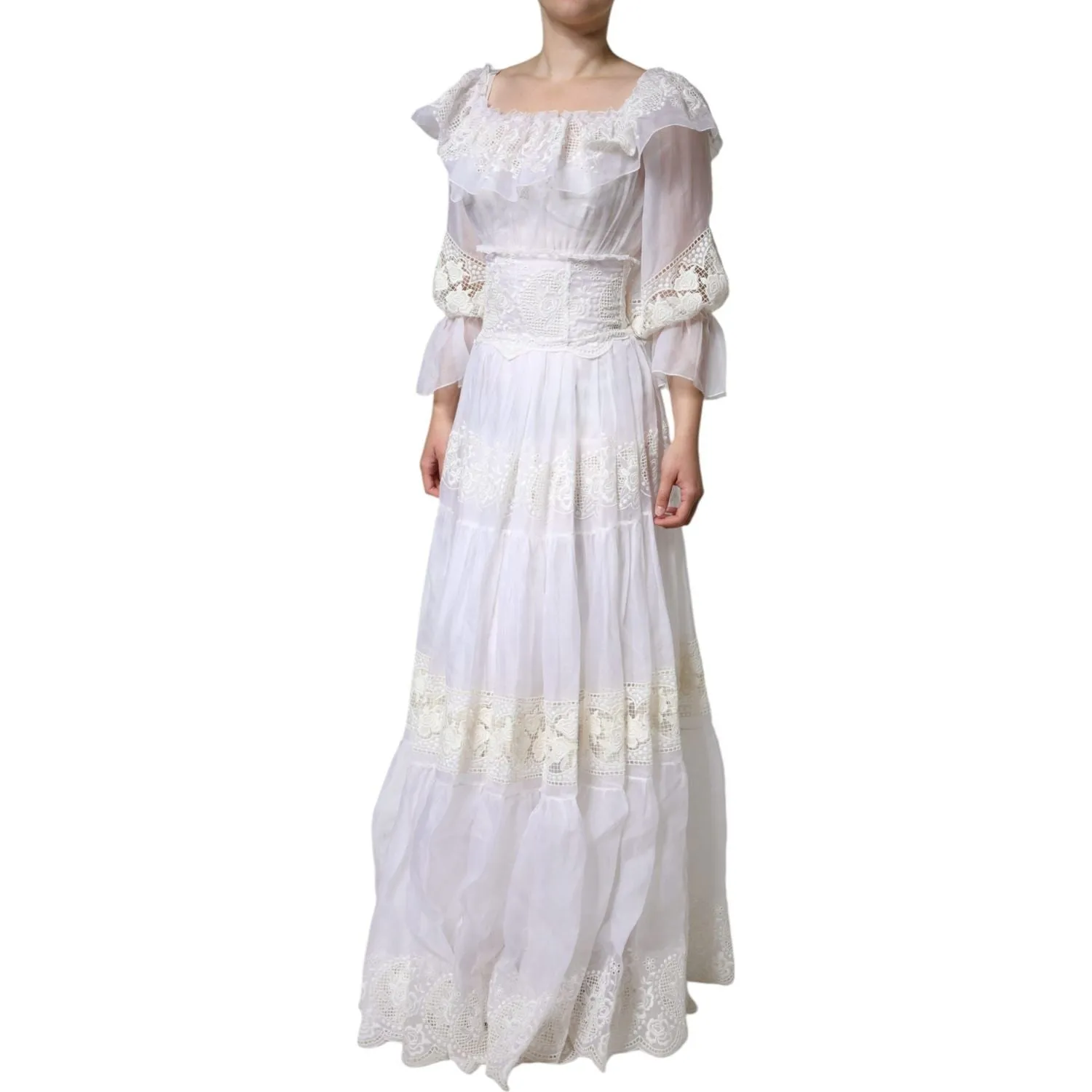 Dolce & Gabbana White Floral Lace Corset Cotton Maxi Dress