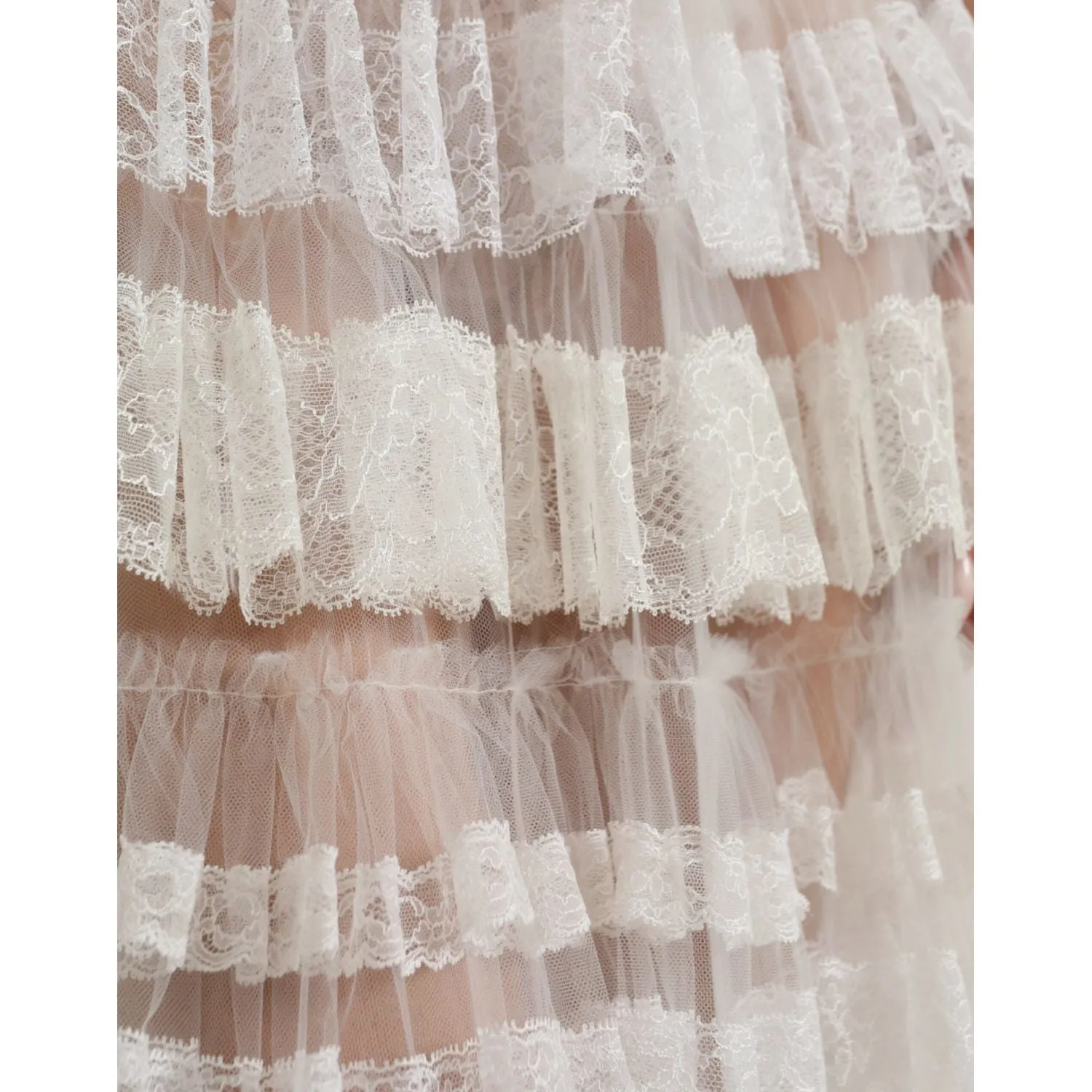 Dolce & Gabbana White Nylon Sheer Tiered Lace Maxi Dress