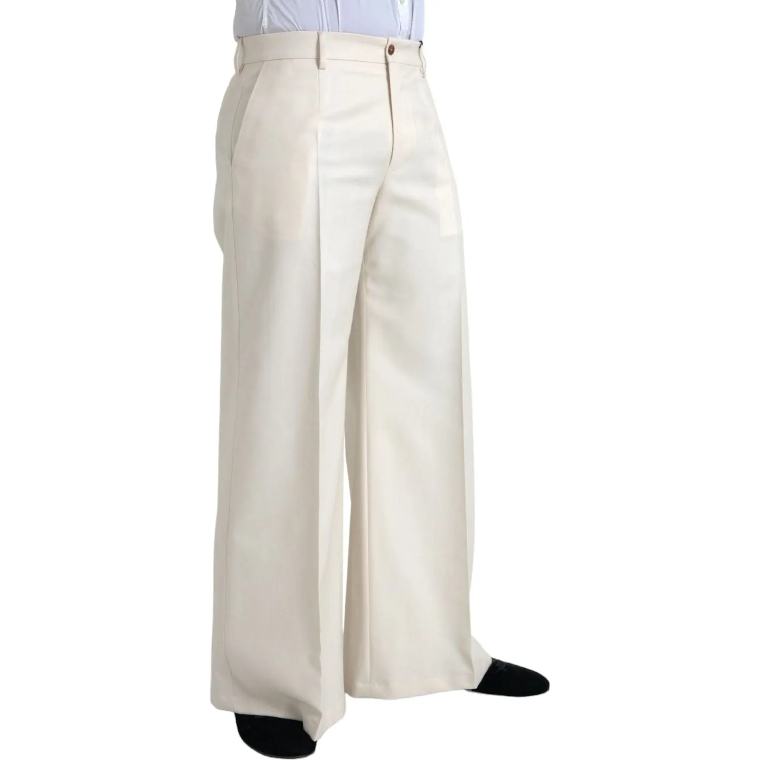 Dolce & Gabbana White Wool Wide Leg Mid Waist Pants