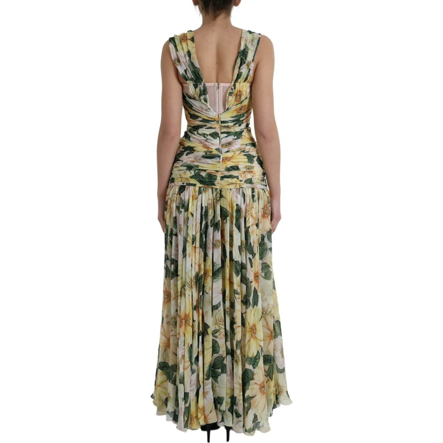 Dolce & Gabbana Yellow Floral Print Silk Pleated Maxi Dress