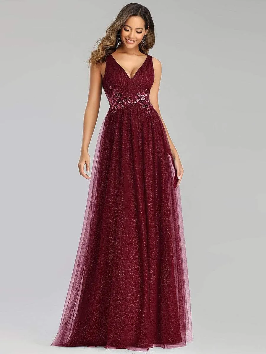 Elegant Deep Double V Neck Tulle Evening Dress with Appliques