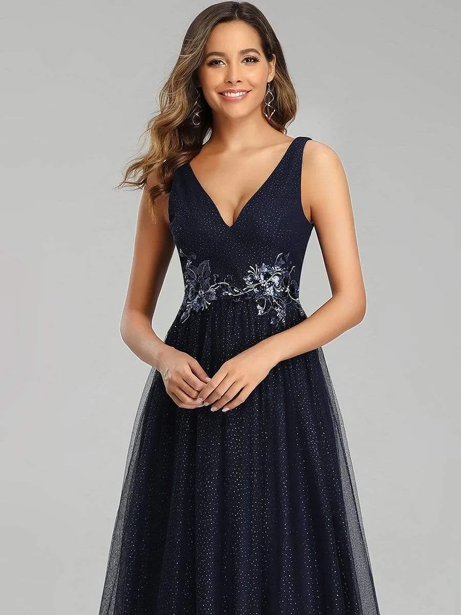 Elegant Deep Double V Neck Tulle Evening Dress with Appliques