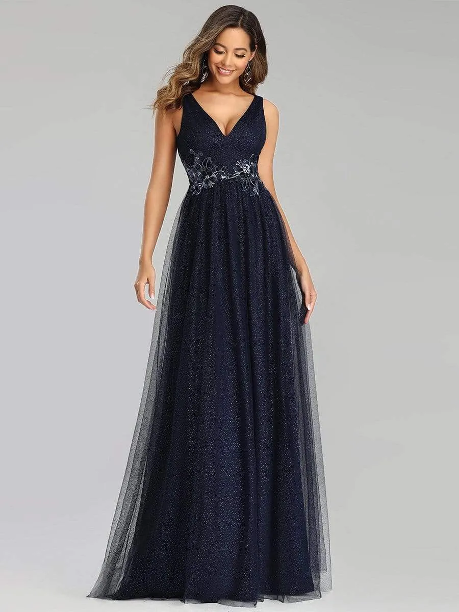 Elegant Deep Double V Neck Tulle Evening Dress with Appliques