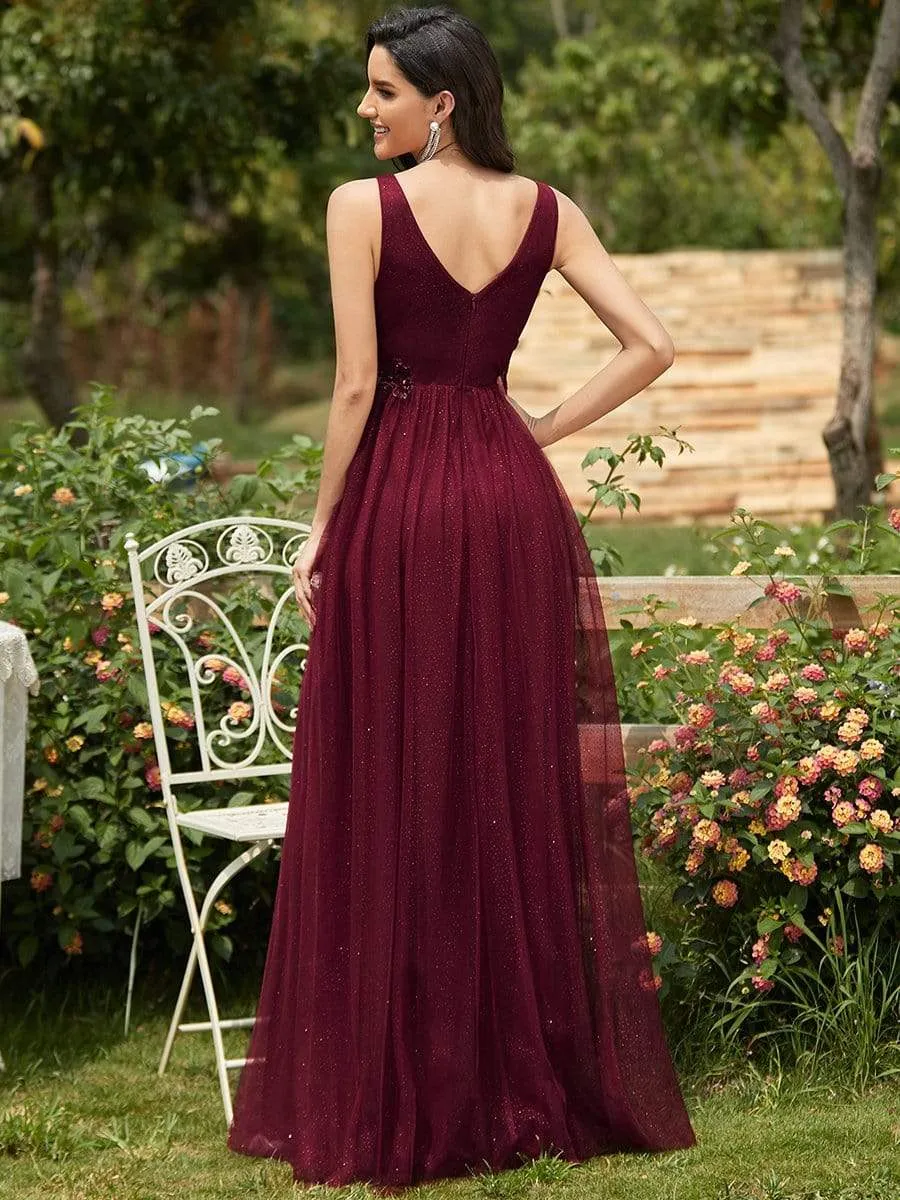 Elegant Deep Double V Neck Tulle Evening Dress with Appliques