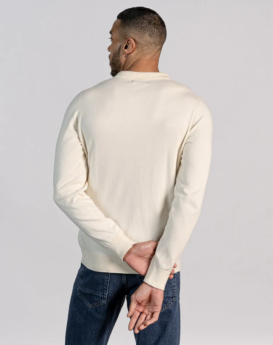 ESSENTIAL LONG SLEEVE ZIPPED NECK POLO - ECRU