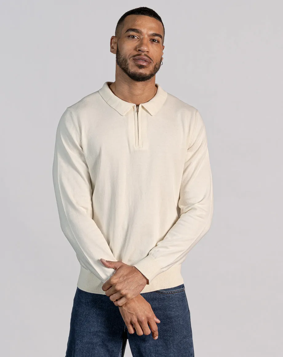 ESSENTIAL LONG SLEEVE ZIPPED NECK POLO - ECRU