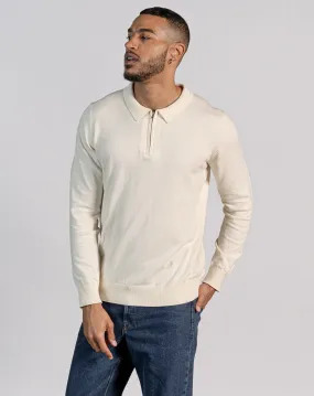 ESSENTIAL LONG SLEEVE ZIPPED NECK POLO - ECRU