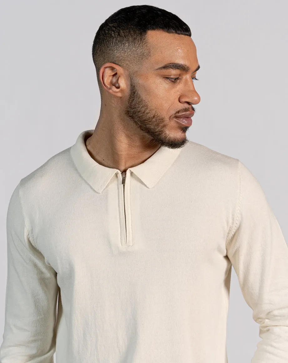 ESSENTIAL LONG SLEEVE ZIPPED NECK POLO - ECRU