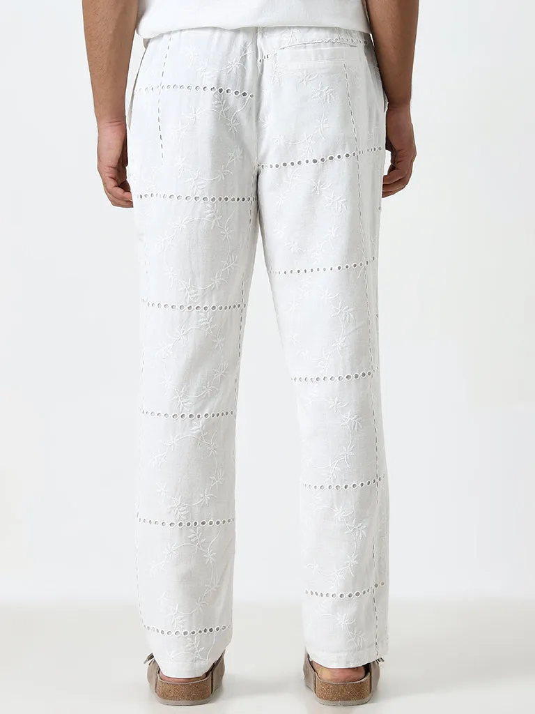 ETA White Embroidered Relaxed-Fit Mid-Rise Chinos