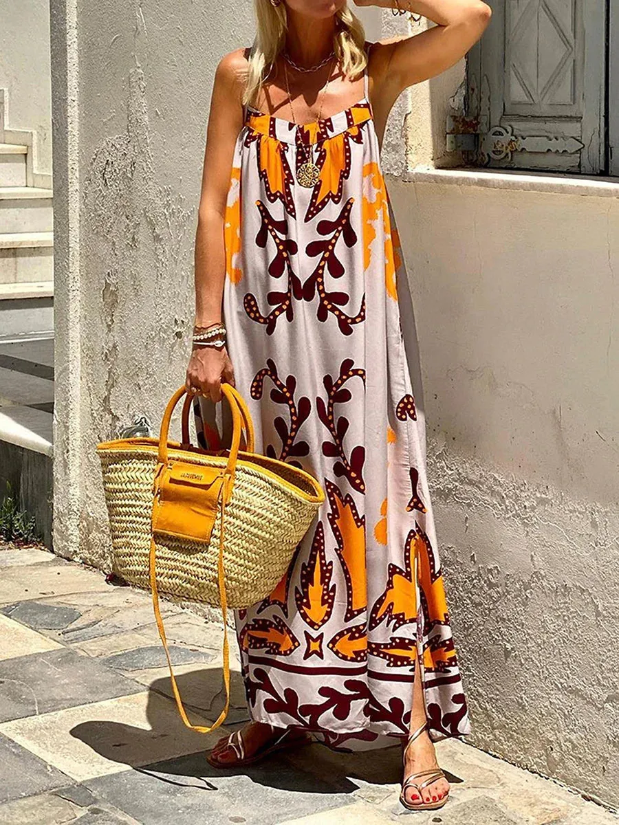 Fall Casual Maxi Print Strap Sleeveless Going Out Cami Loose Backless Holiday Casual Summer Dress