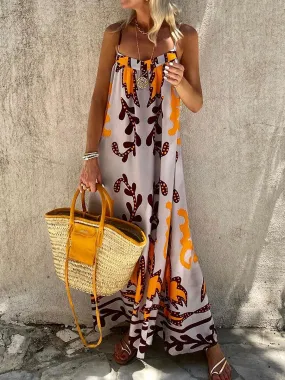 Fall Casual Maxi Print Strap Sleeveless Going Out Cami Loose Backless Holiday Casual Summer Dress