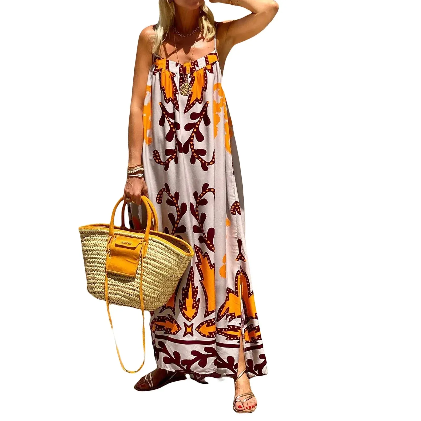 Fall Casual Maxi Print Strap Sleeveless Going Out Cami Loose Backless Holiday Casual Summer Dress