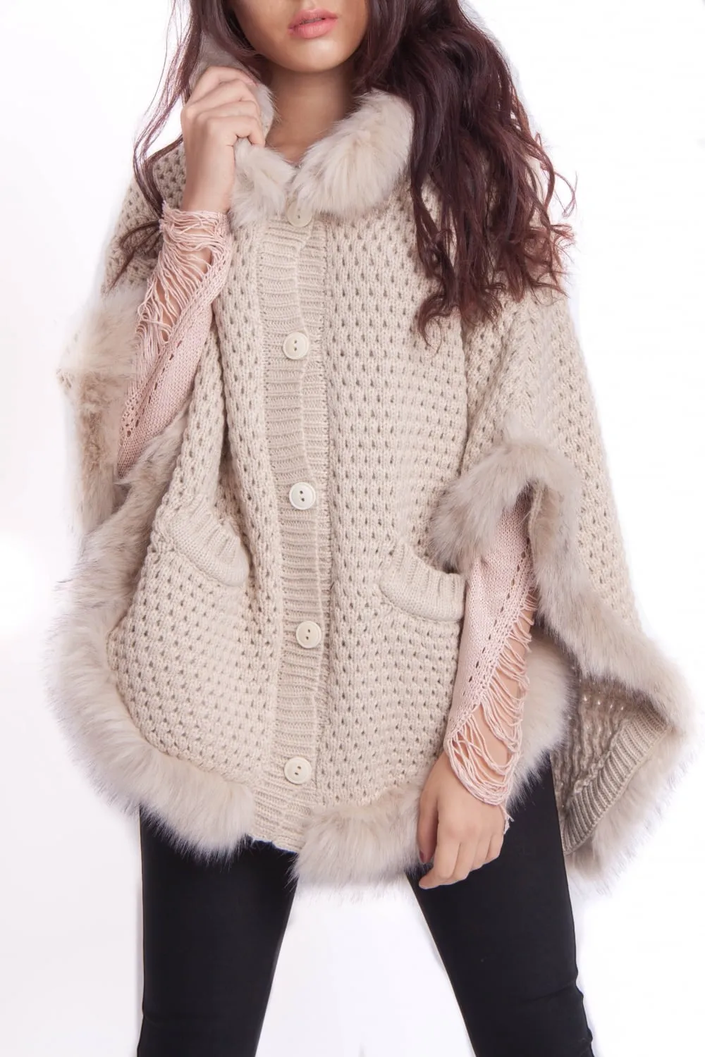 Faux Fur Knitted Hood Poncho