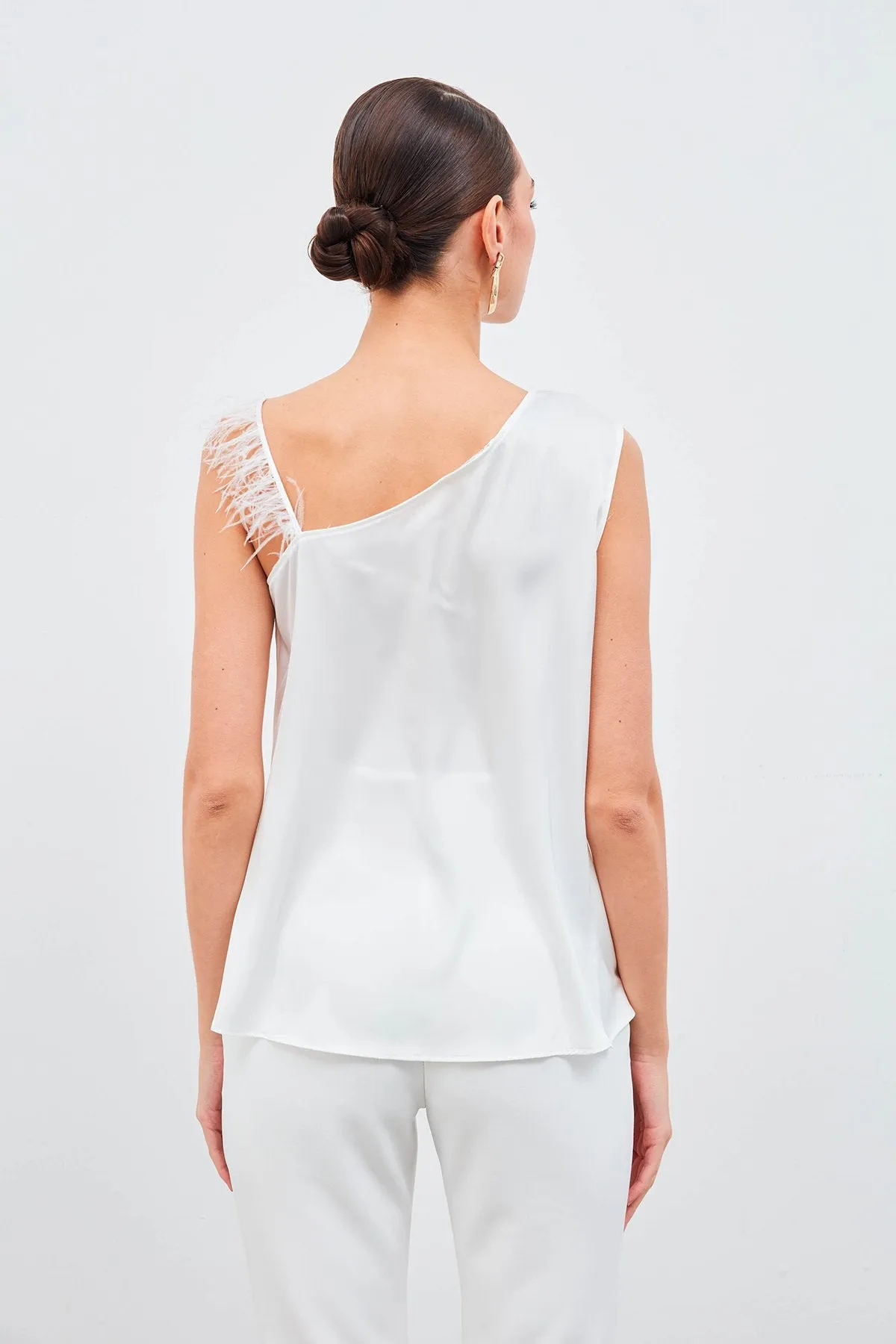 Feather and Pleated Strap Blouse - White