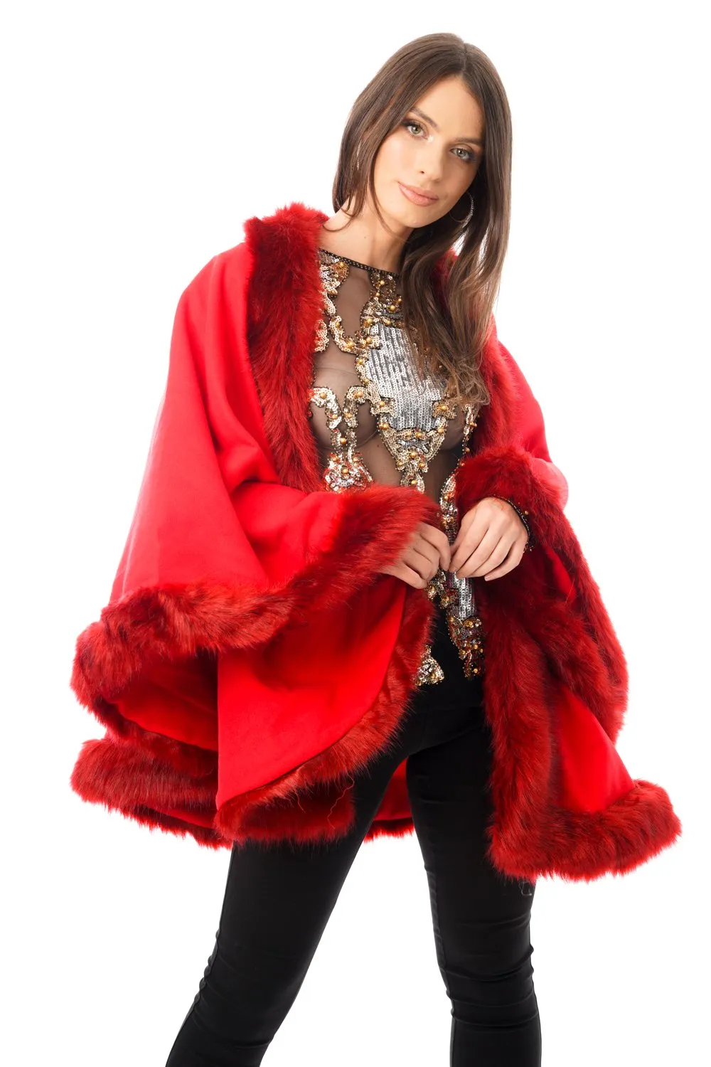 Felt Feel Faux Fur Swing Poncho Cape