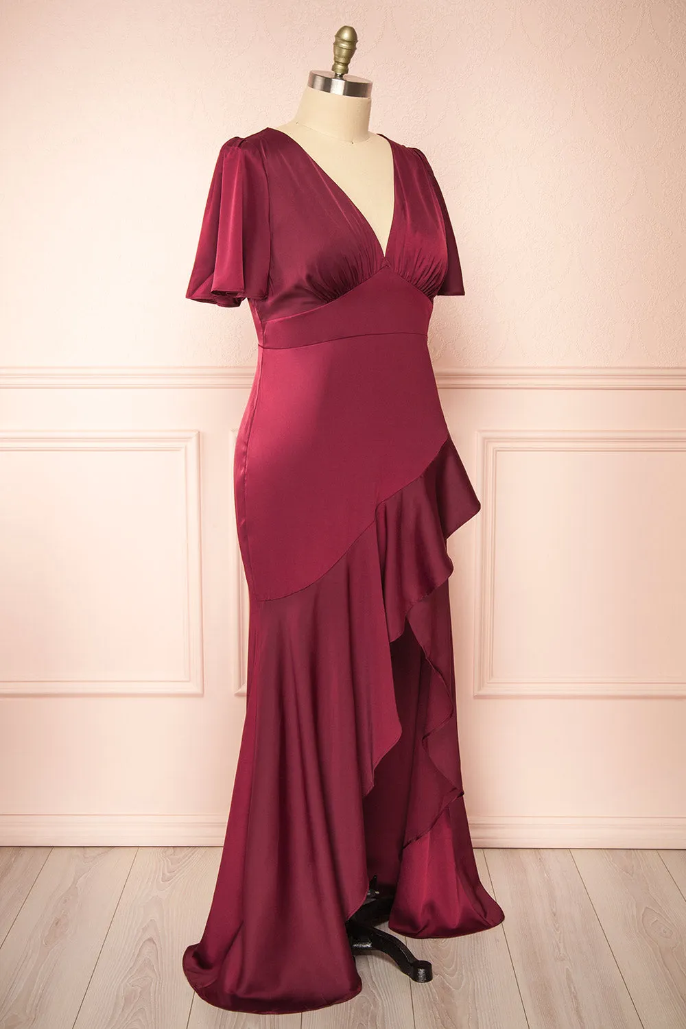 Fiarah | Burgundy Satin Maxi Dress w/ Ruffles