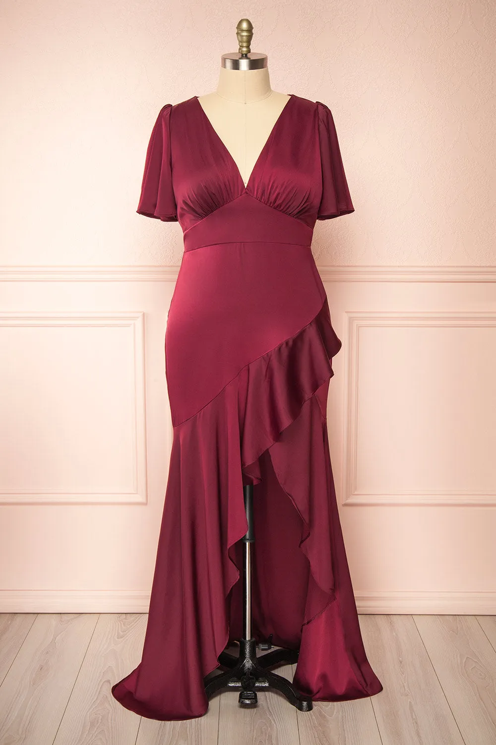 Fiarah | Burgundy Satin Maxi Dress w/ Ruffles