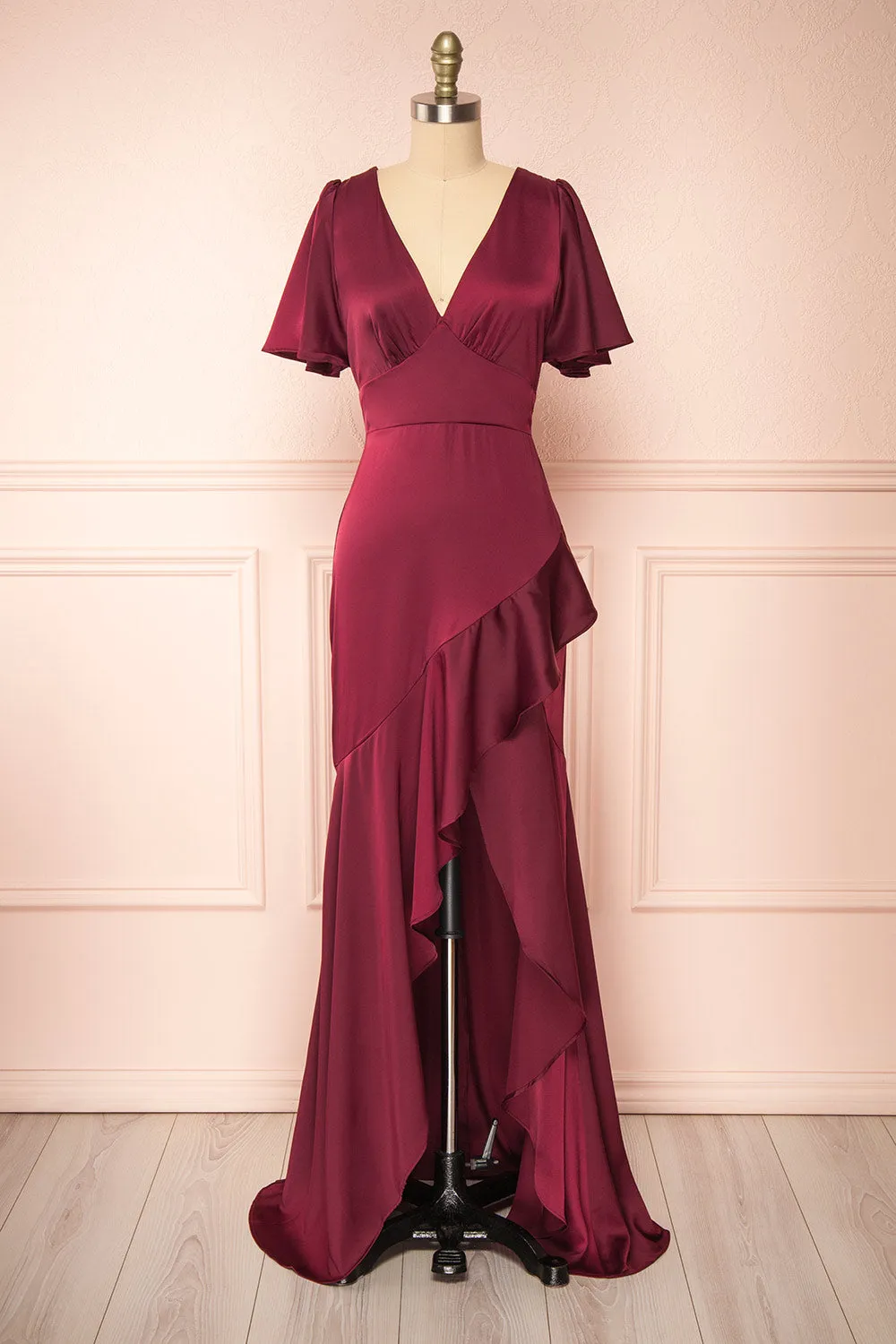 Fiarah | Burgundy Satin Maxi Dress w/ Ruffles