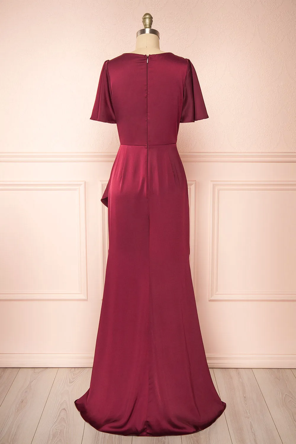 Fiarah | Burgundy Satin Maxi Dress w/ Ruffles