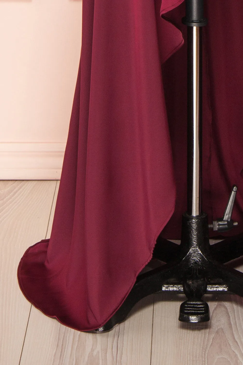 Fiarah | Burgundy Satin Maxi Dress w/ Ruffles