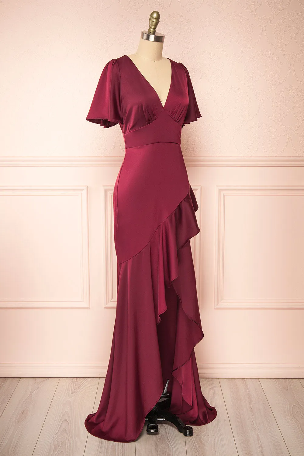 Fiarah | Burgundy Satin Maxi Dress w/ Ruffles