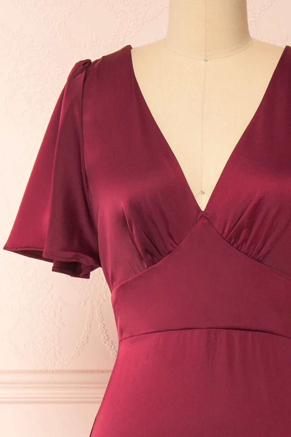 Fiarah | Burgundy Satin Maxi Dress w/ Ruffles