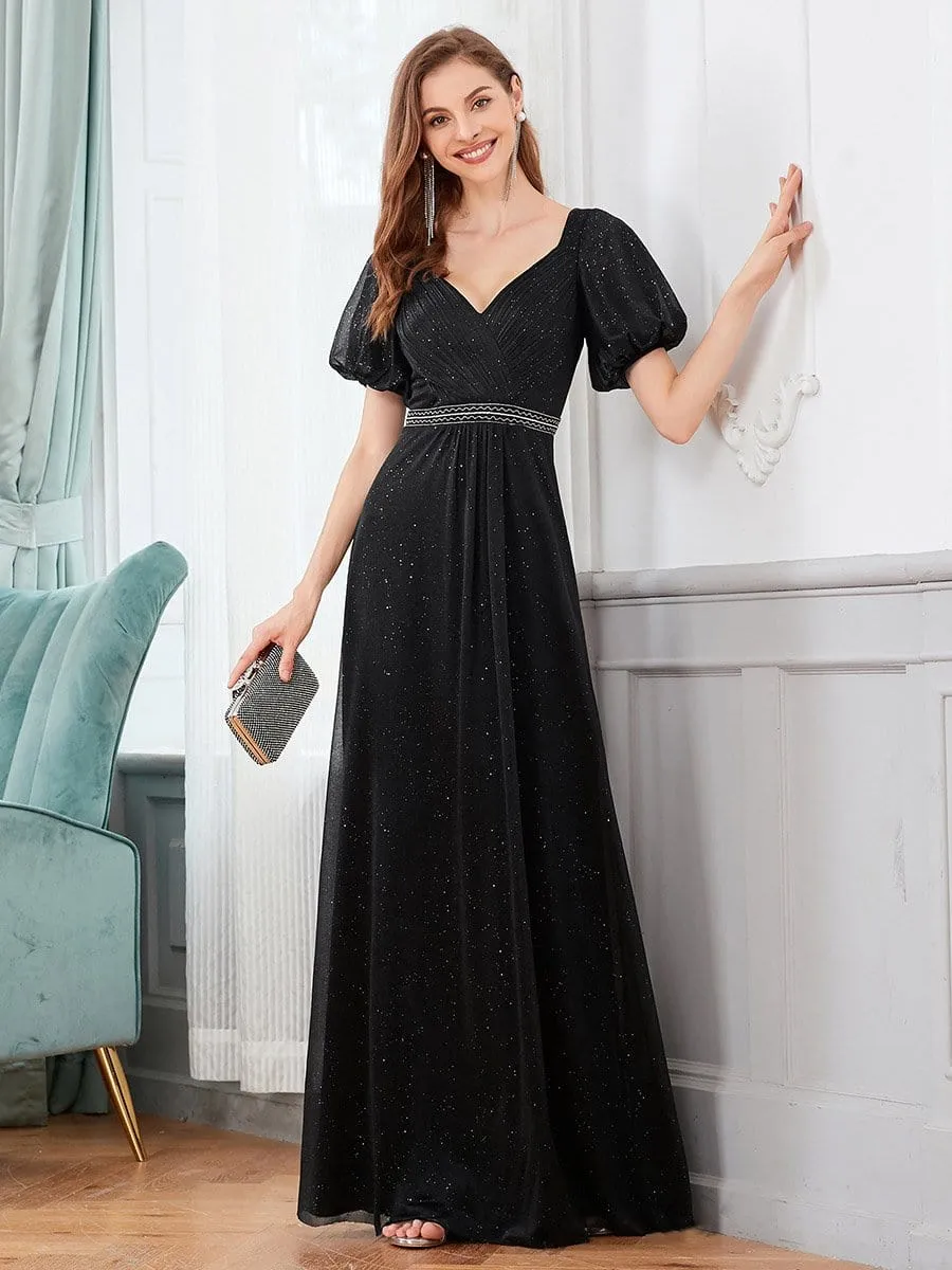 Flattering Double V-neck Evening Dresses with Puff Sleeves