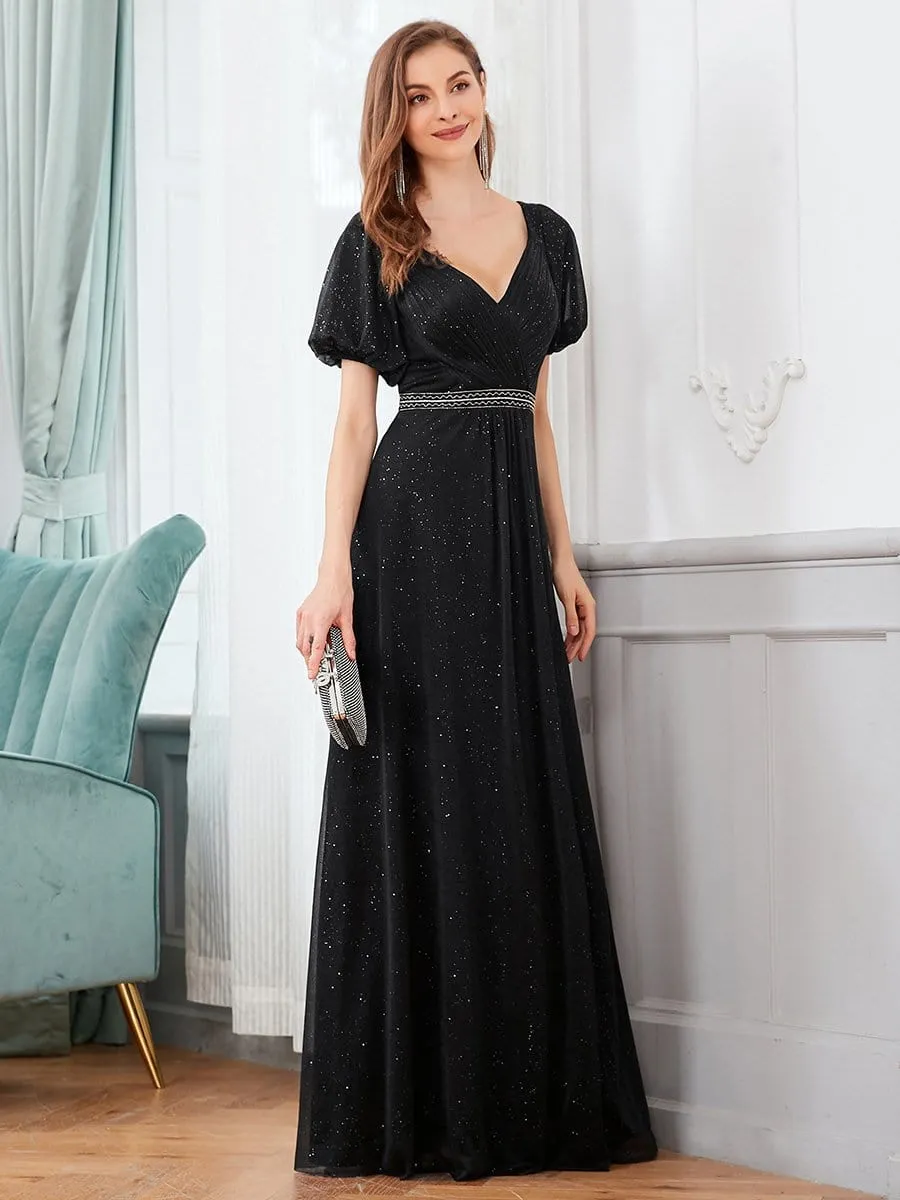 Flattering Double V-neck Evening Dresses with Puff Sleeves