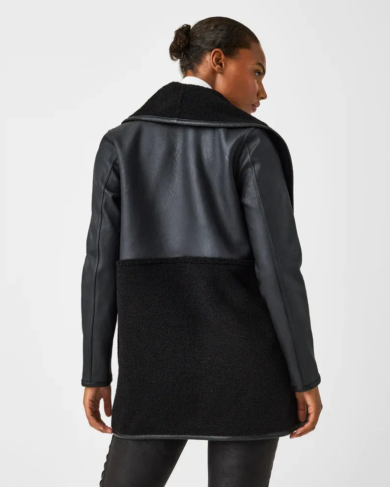 Fleece & Faux Leather Long Wrap Jacket