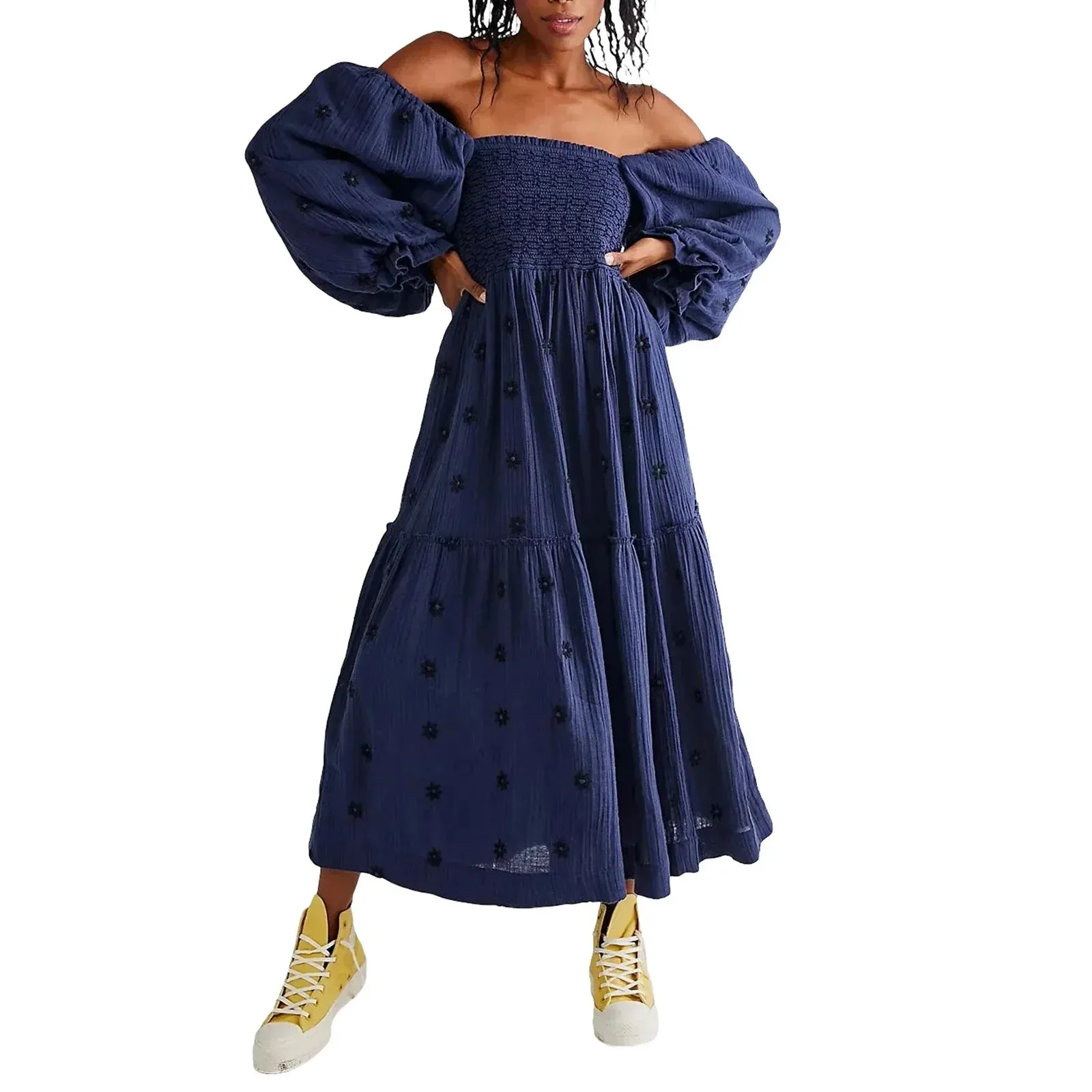 Floral Embroidered Long Square Neck Puff Sleeve Tiered Flowy A-line Holiday Beach Wear Summer Bohemian Dress