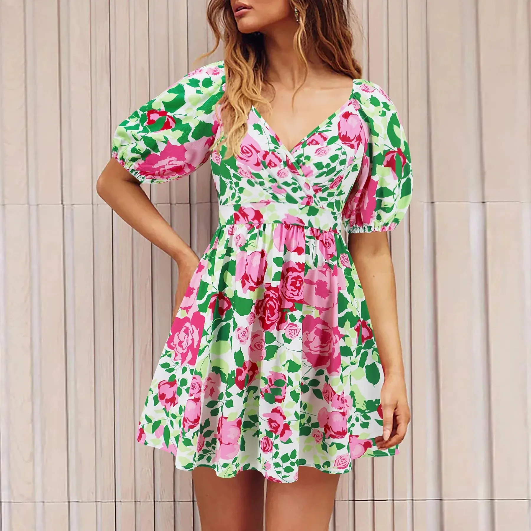 Floral Print Summer Women's V-Neck Short Puff Sleeve Lace-up Beach Holiday Mini Dress