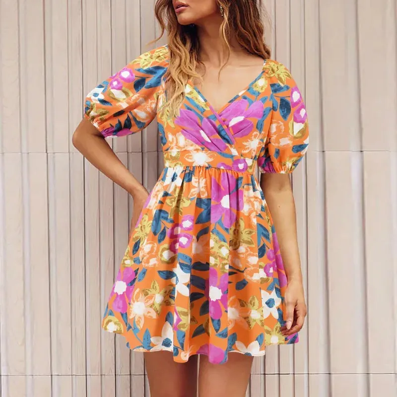 Floral Print Summer Women's V-Neck Short Puff Sleeve Lace-up Beach Holiday Mini Dress