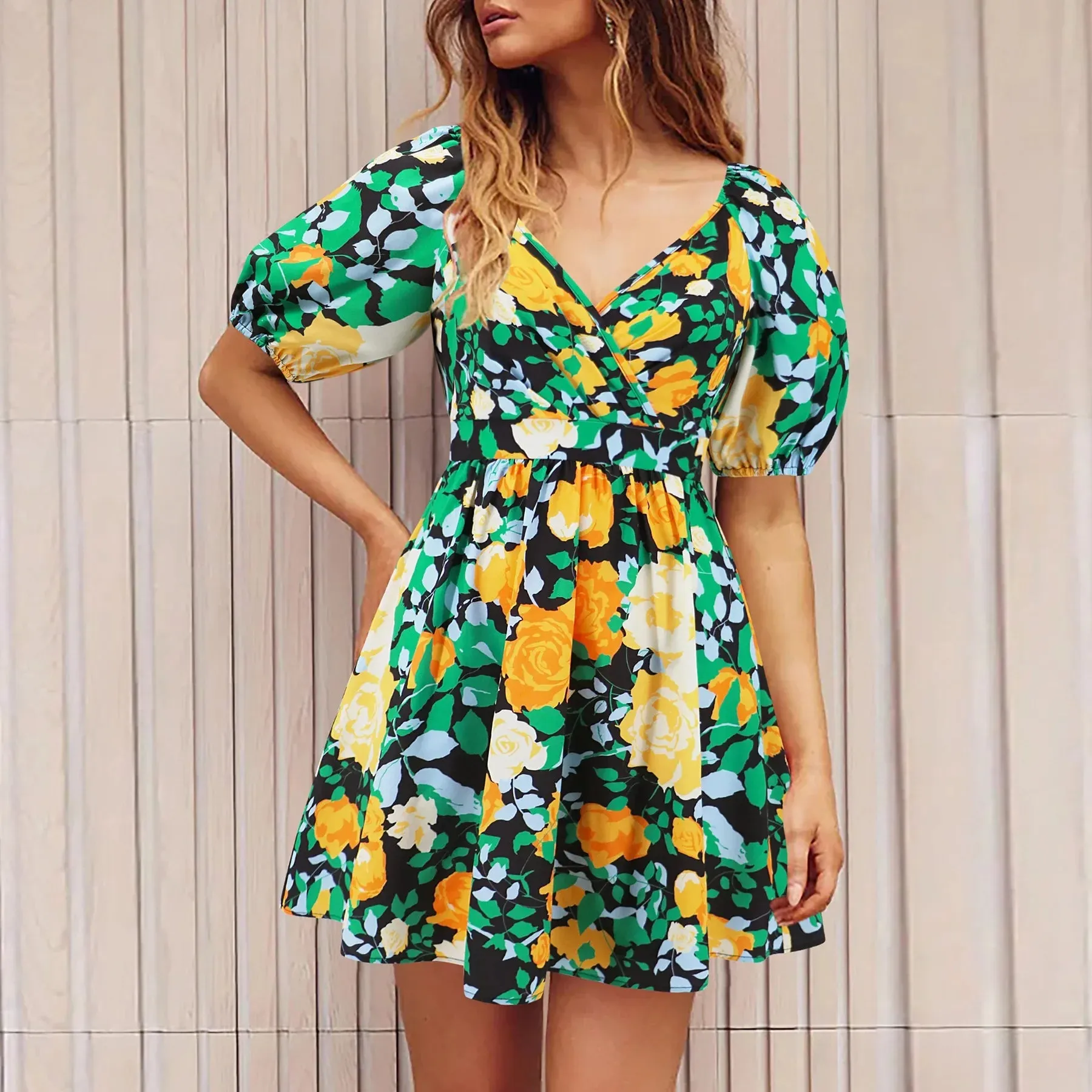 Floral Print Summer Women's V-Neck Short Puff Sleeve Lace-up Beach Holiday Mini Dress