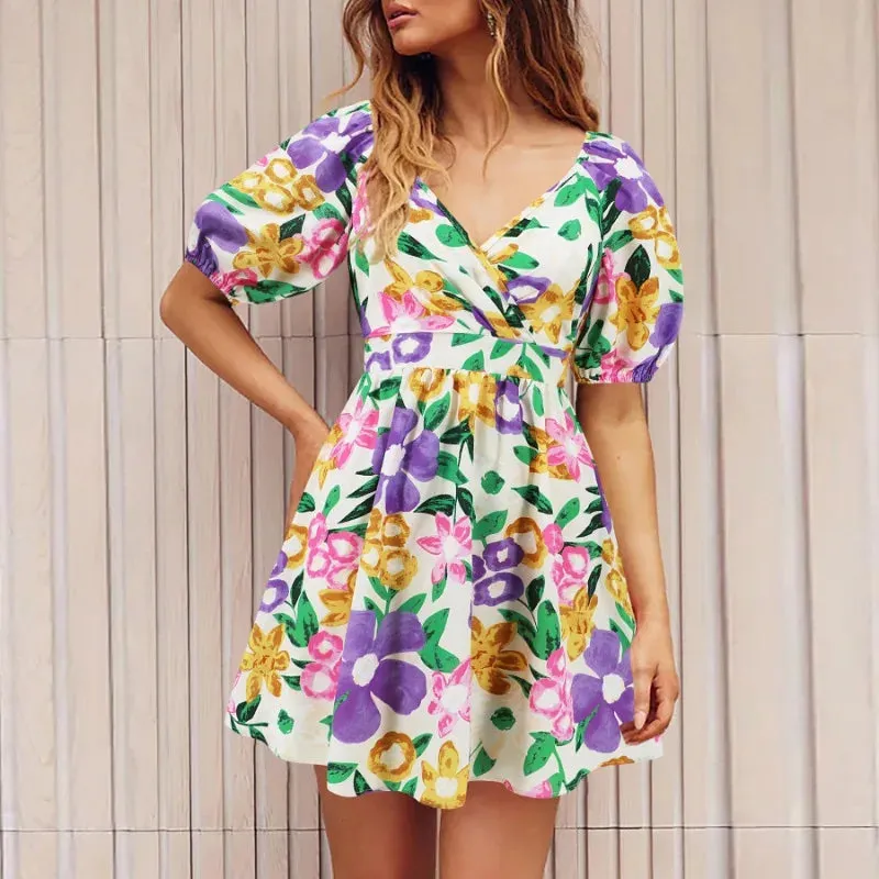 Floral Print Summer Women's V-Neck Short Puff Sleeve Lace-up Beach Holiday Mini Dress