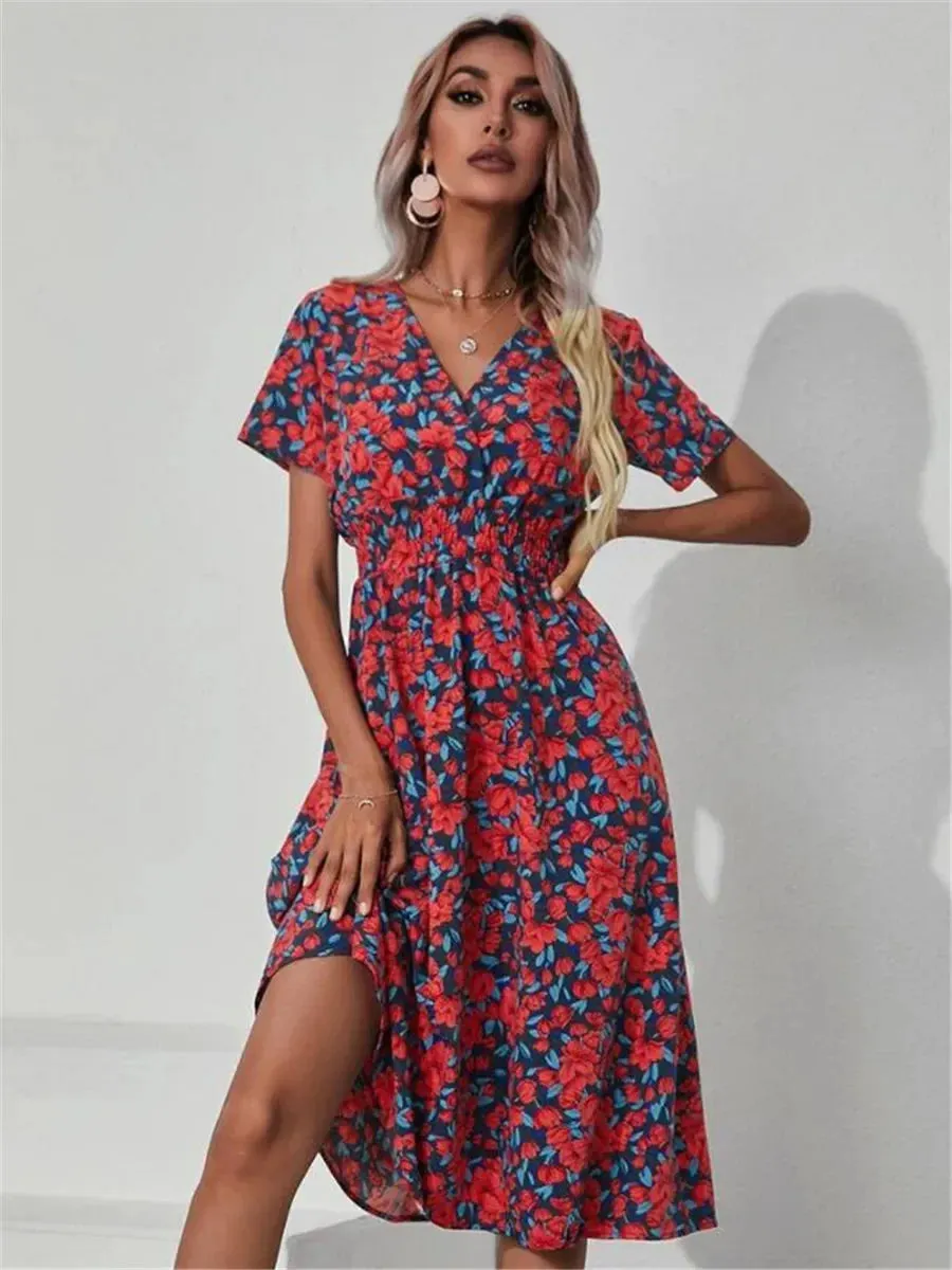 Floral Summer Long Sleeve Chic Clothing Midi Dress for Holiday