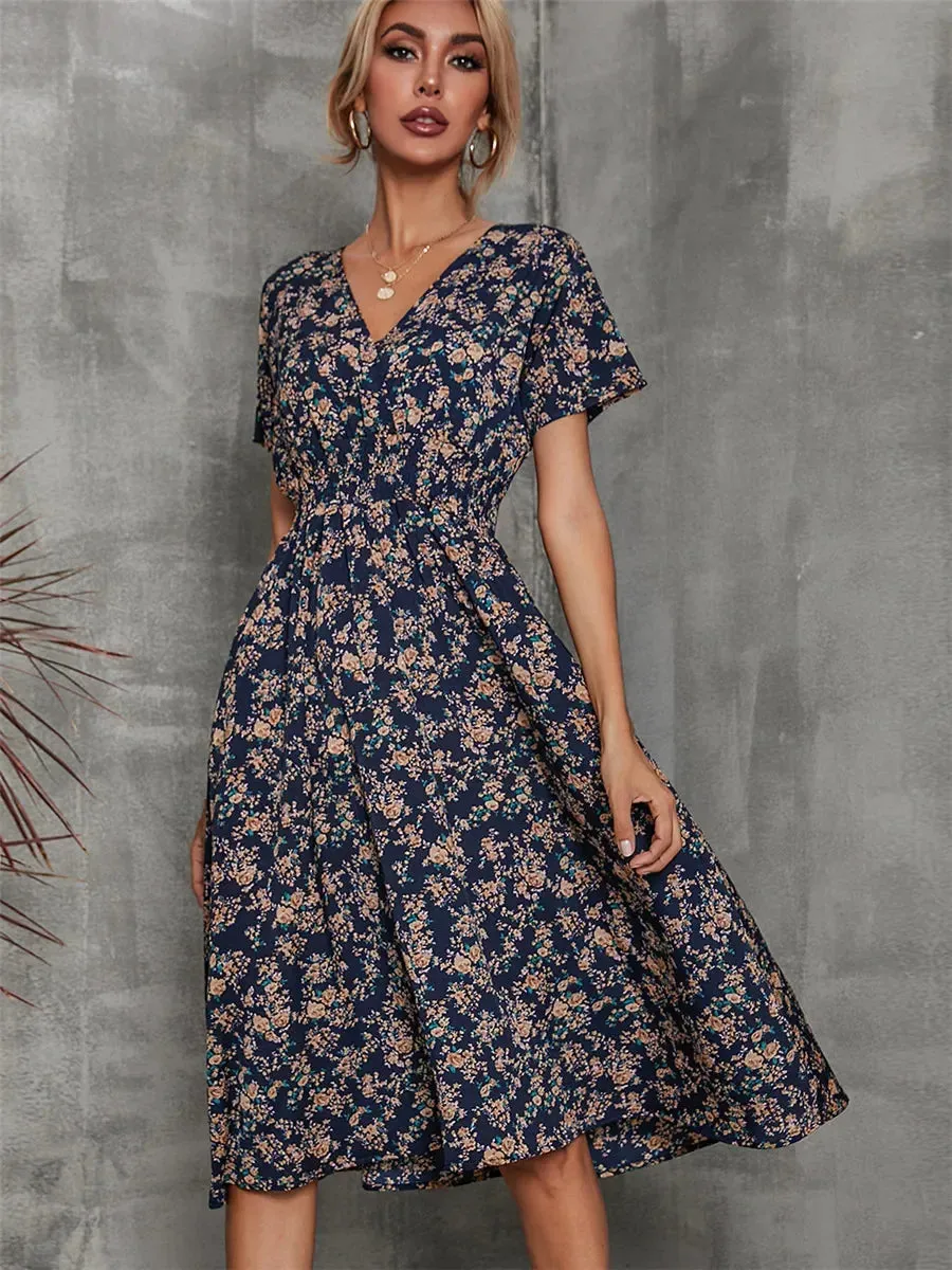 Floral Summer Long Sleeve Chic Clothing Midi Dress for Holiday