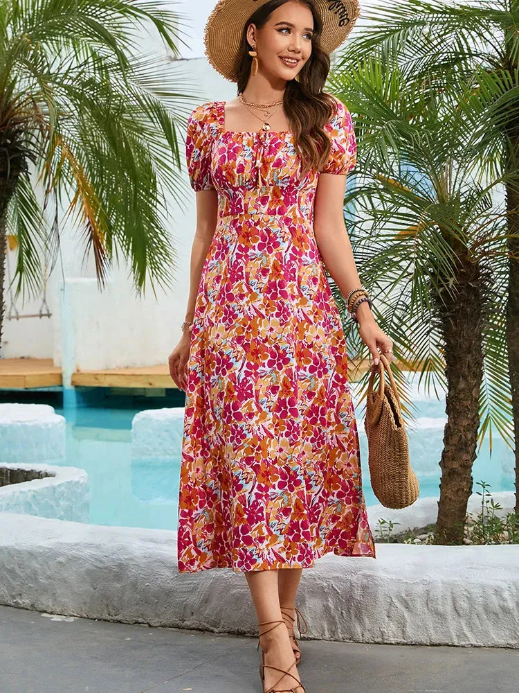 Floral Women Summer Casual Square Collar Puff Sleeve Holiday Beach Fashion Red Midi Dress