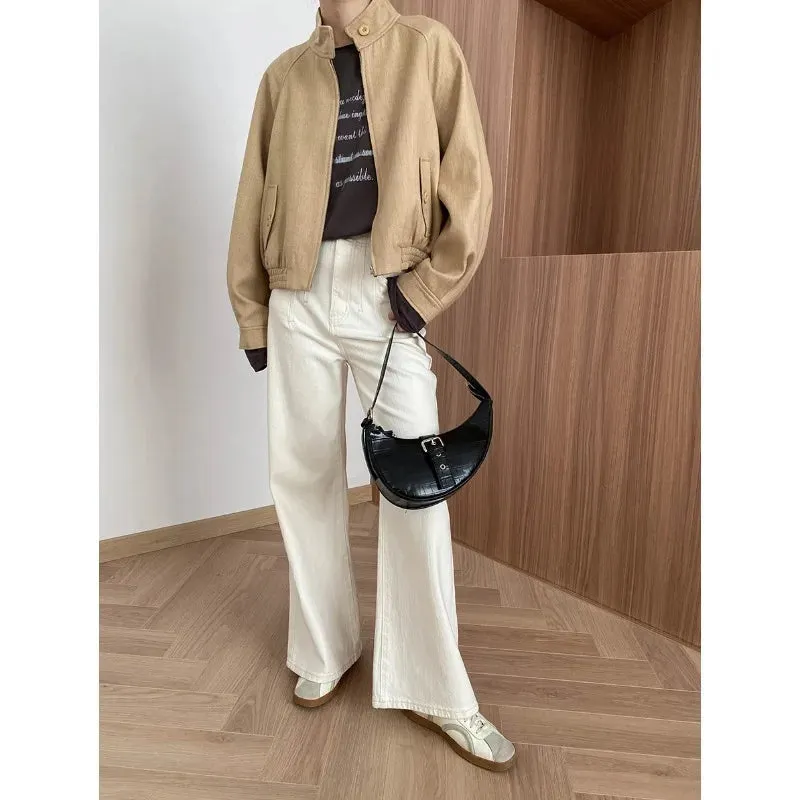 Flytonn-Fall Outfits Women Standing Collar Crop Jacket 2024  Autumn Stand Neck Coat